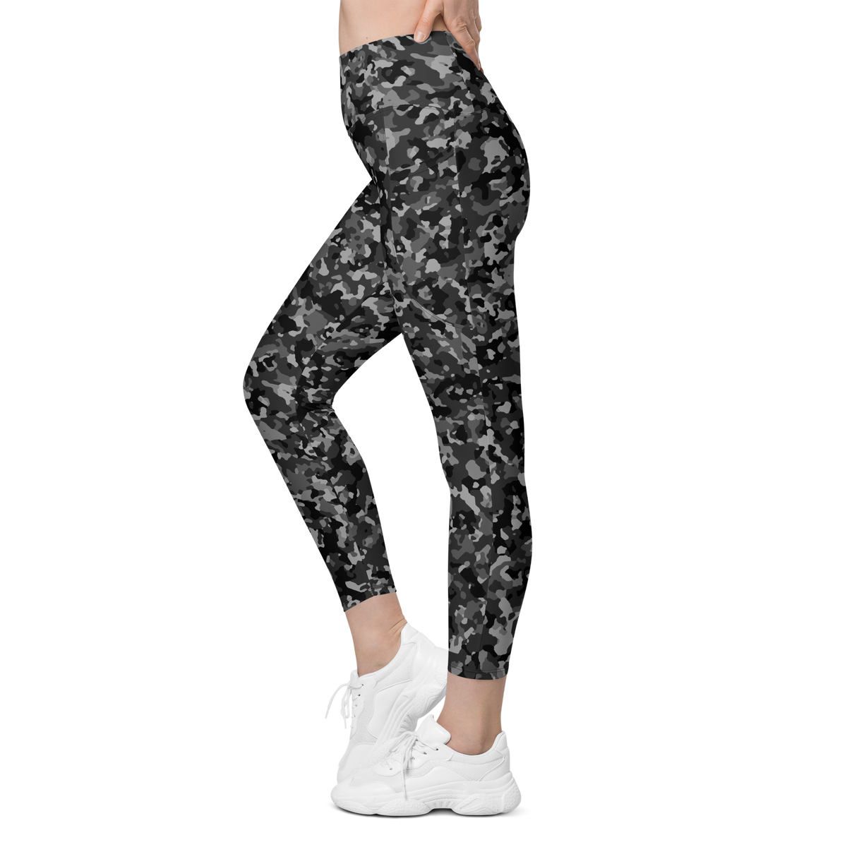 Blizza Greyscale high-waisted pocket leggings, movement view.
