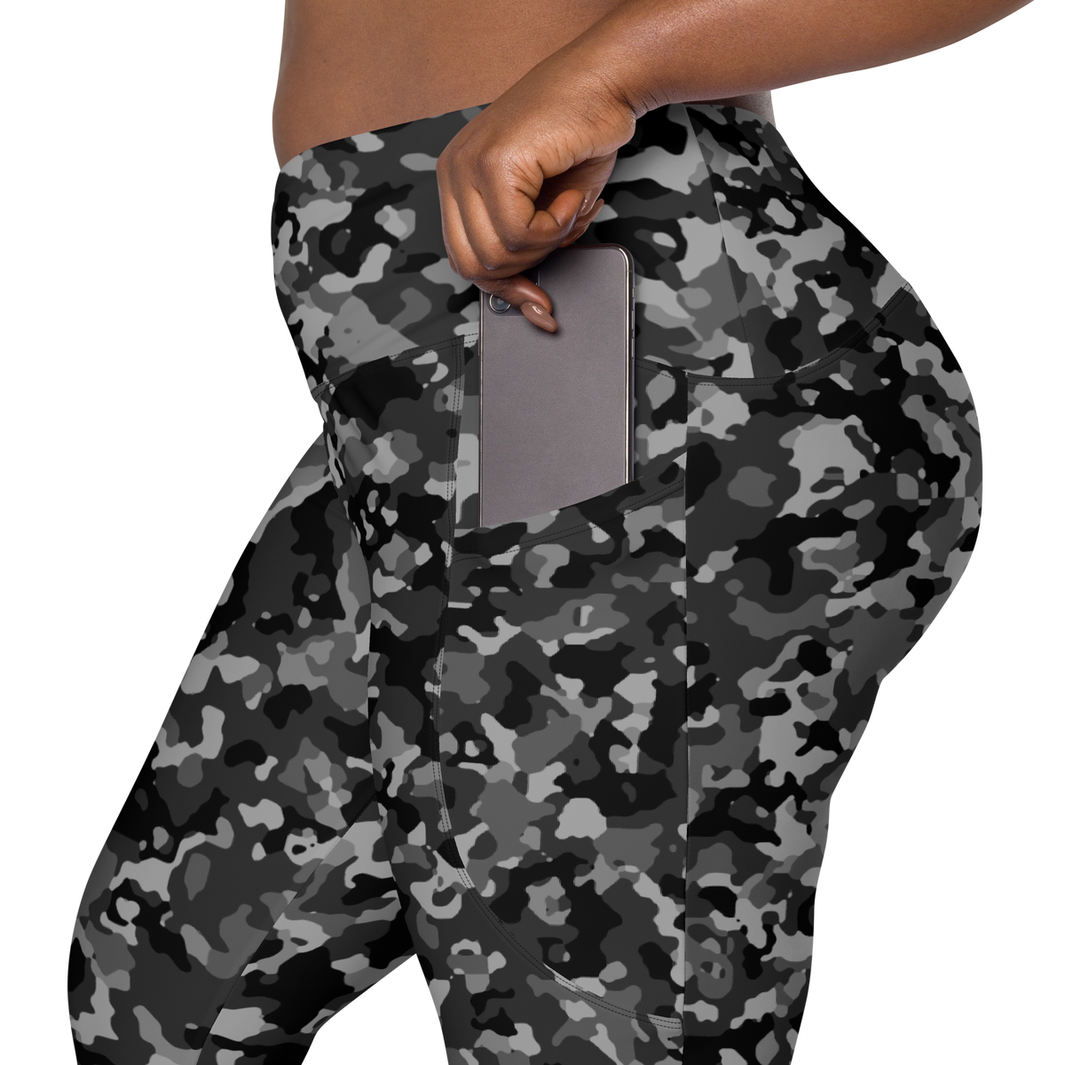 Blizza Greyscale high-waisted pocket leggings, rear pocket detail.