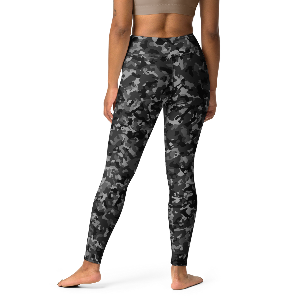 Blizza Greyscale high-waisted yoga leggings, back view.