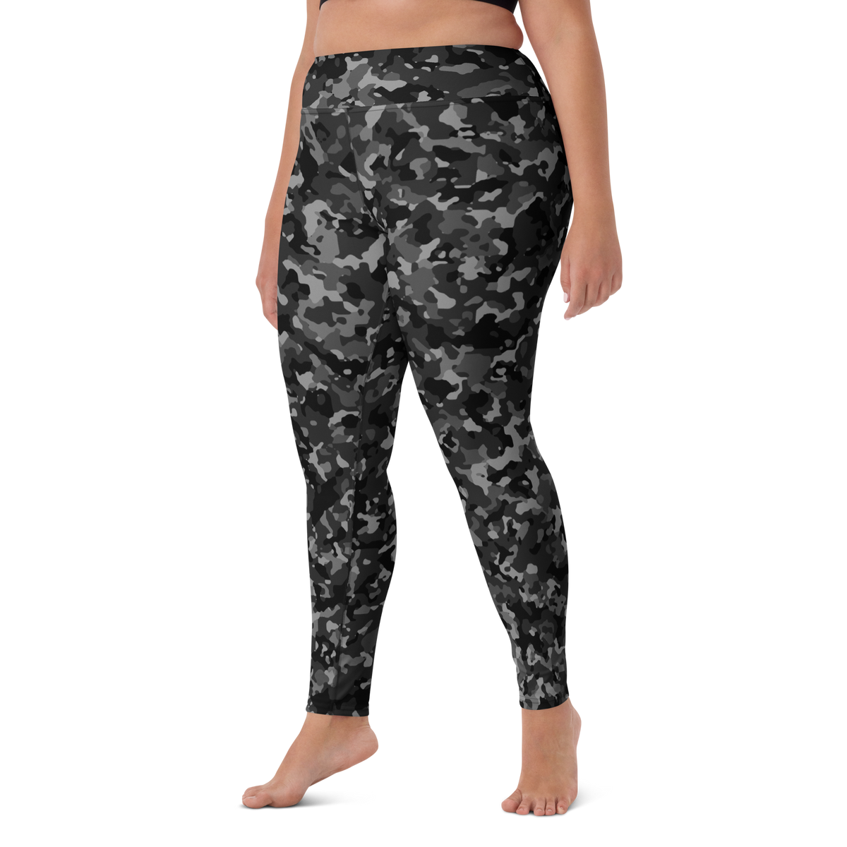 Blizza Greyscale high-waisted yoga leggings, larger-model left-front view.