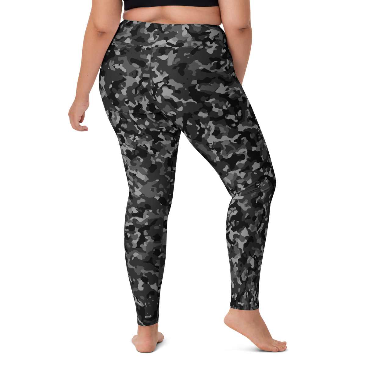 Blizza Greyscale high-waisted yoga leggings, larger-model right-back view.