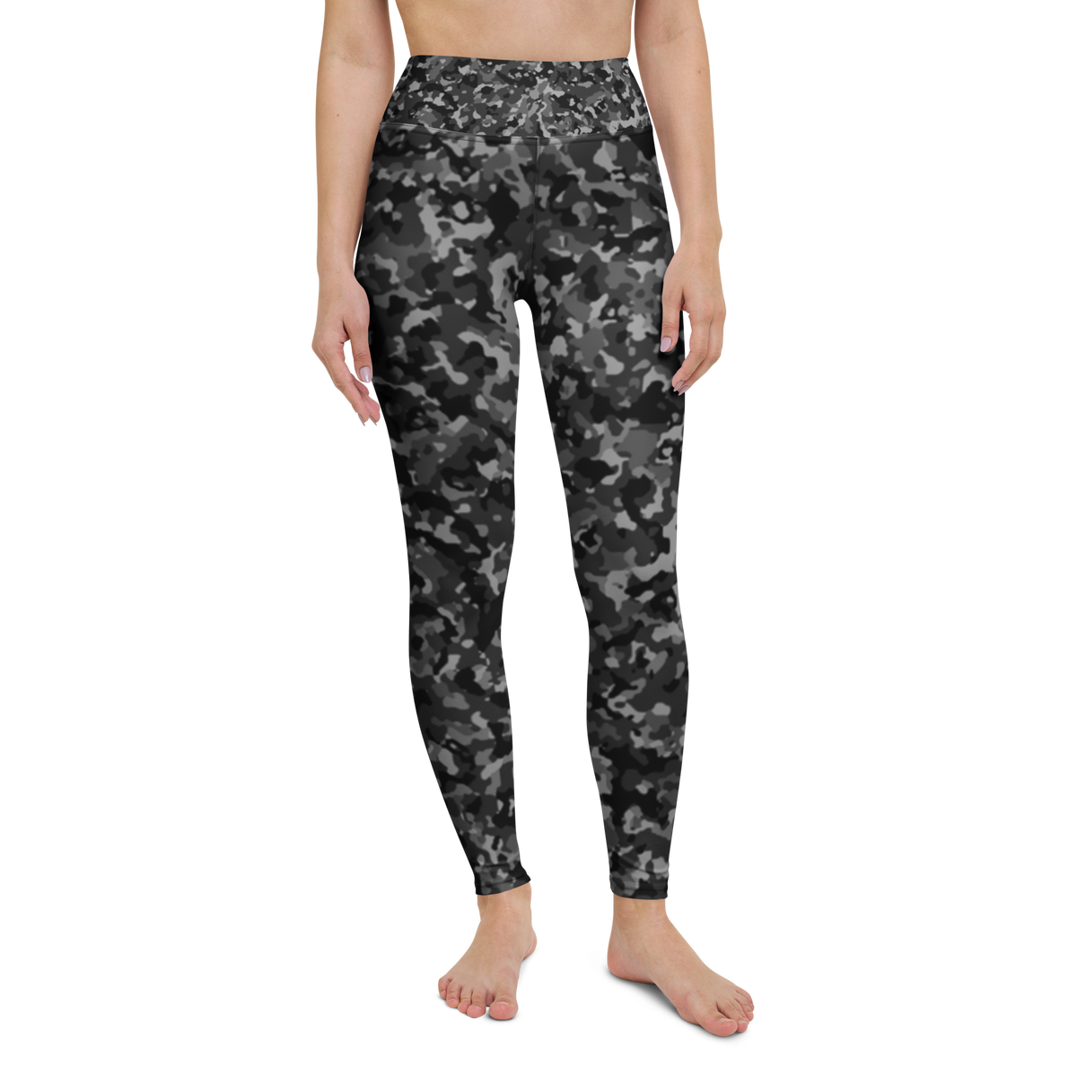 Blizza · Greyscale high-waisted yoga leggings, straight front view, barefoot.