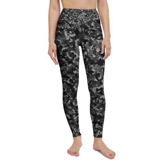Blizza · Greyscale high-waisted yoga leggings, straight front view, barefoot.