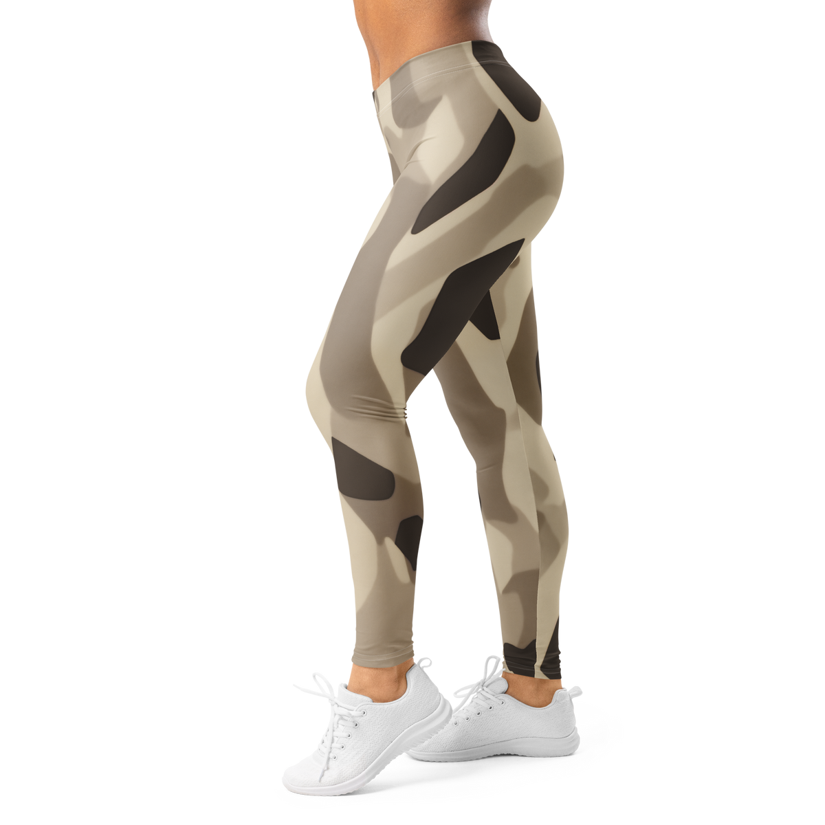 Cartu Sand camouflage mid-rise comfort leggings, left-side view.