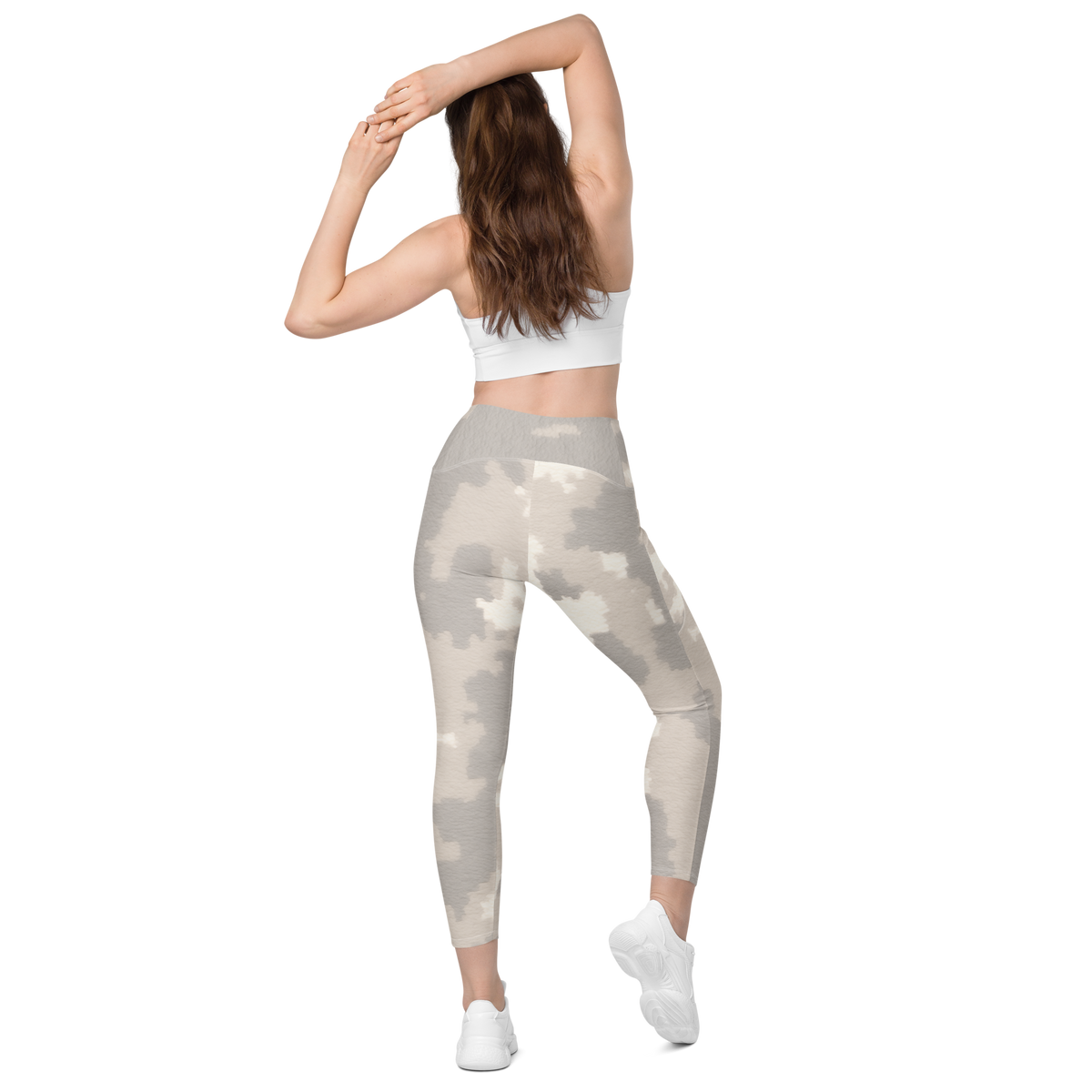 Caspra Beige camouflage high-waisted pocket leggings, back view.