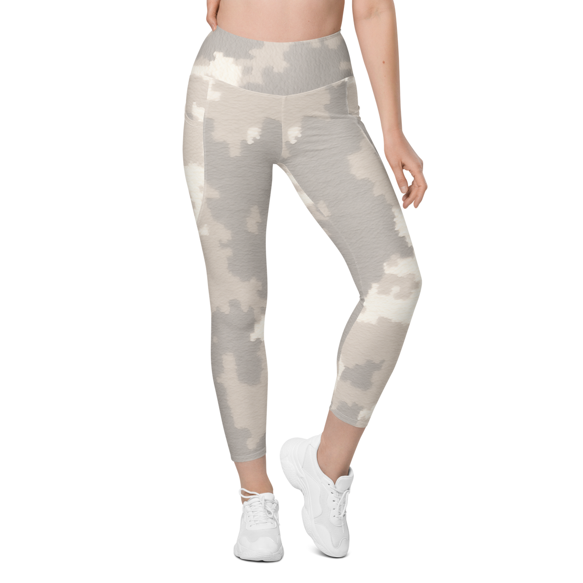 Caspra Beige camouflage high-waisted pocket leggings, front view.