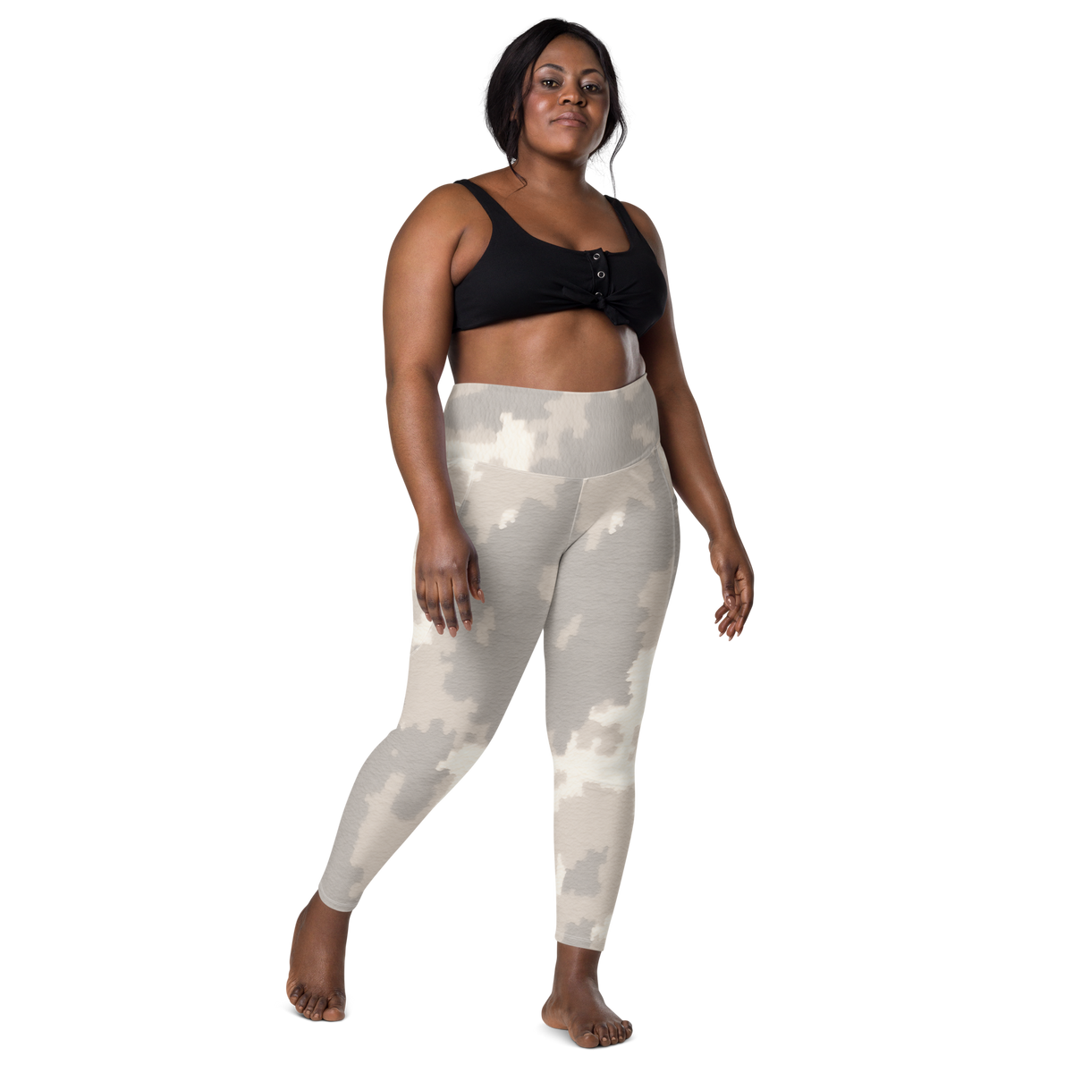 Caspra Beige camouflage high-waisted pocket leggings, larger-model front view.