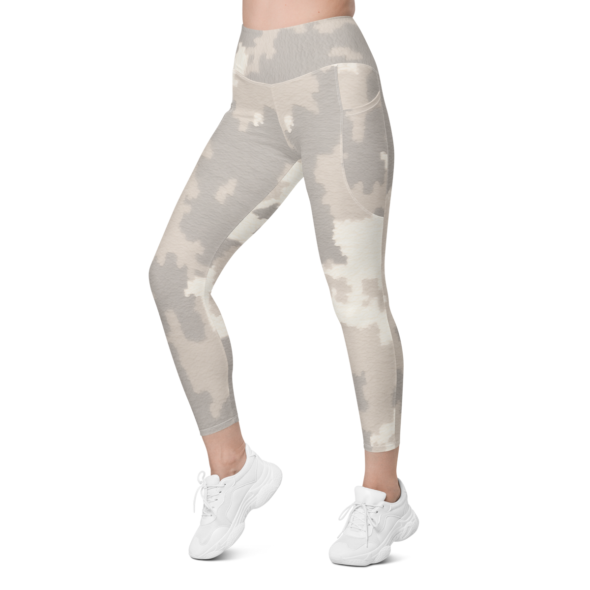 Caspra Beige camouflage high-waisted pocket leggings, left-front view.