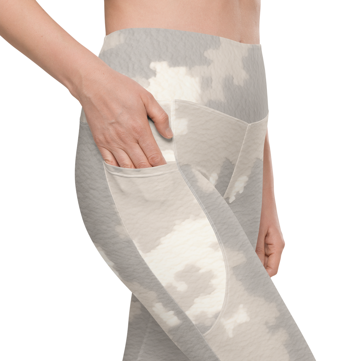 Caspra Beige camouflage high-waisted pocket leggings, pocket detail.