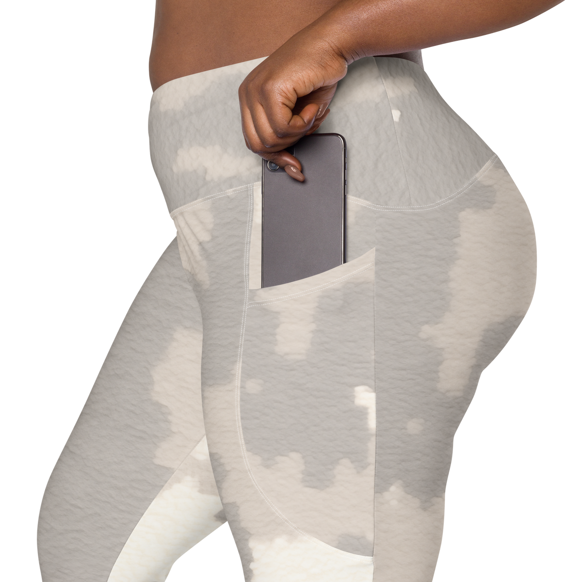 Caspra Beige camouflage high-waisted pocket leggings, rear pocket detail.