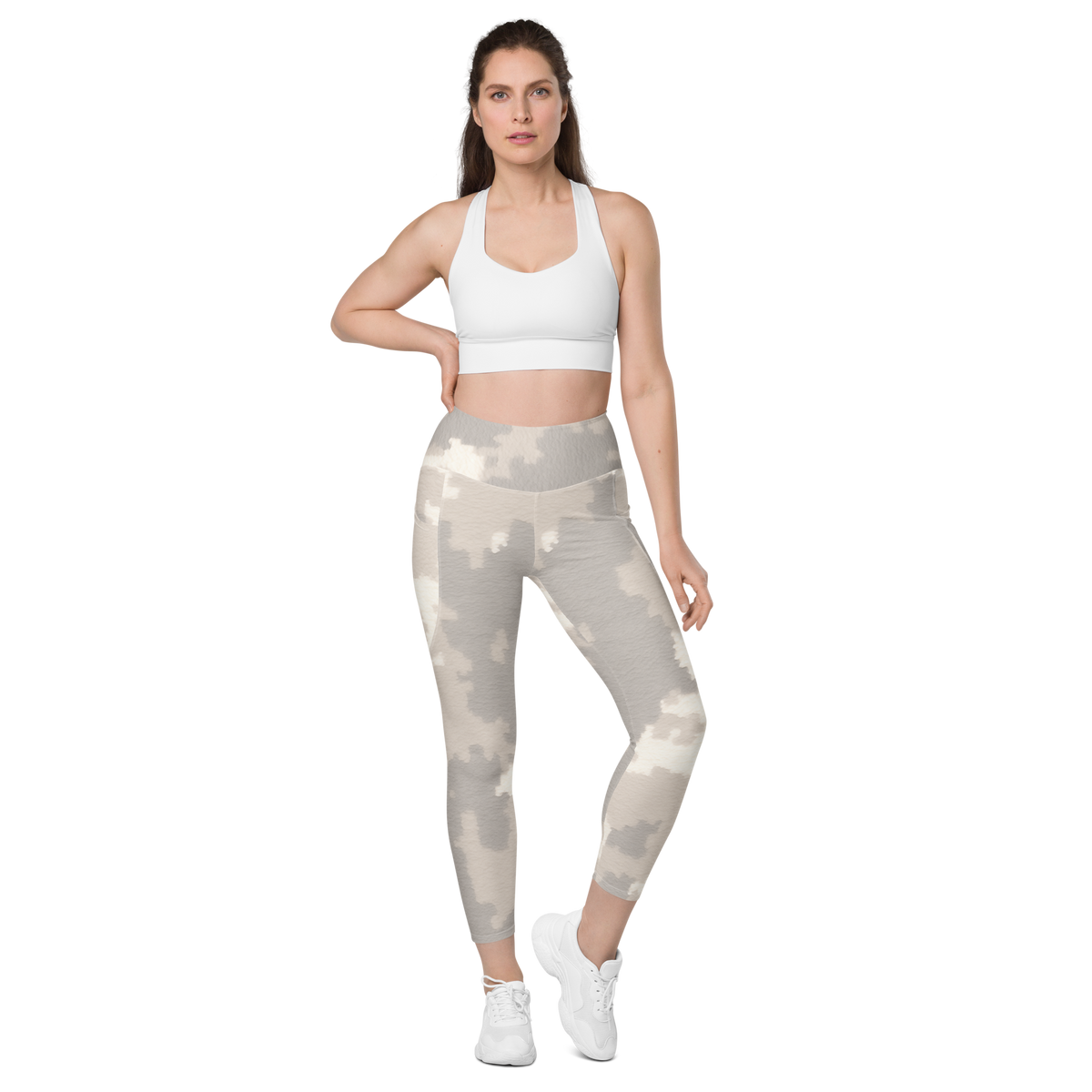 Caspra Beige camouflage high-waisted pocket leggings, straight-front view.