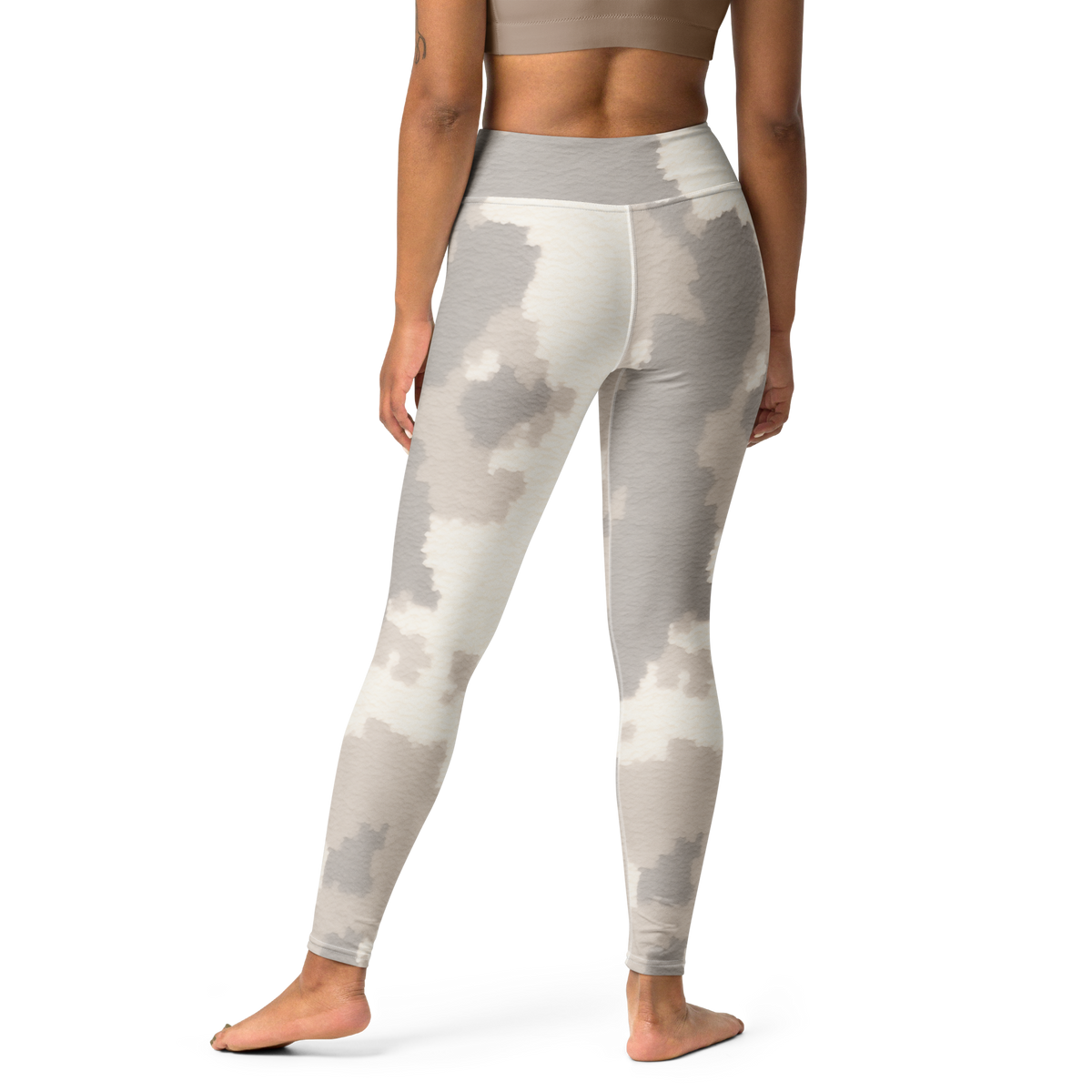 Caspra Beige camouflage high-waisted yoga leggings, back view.