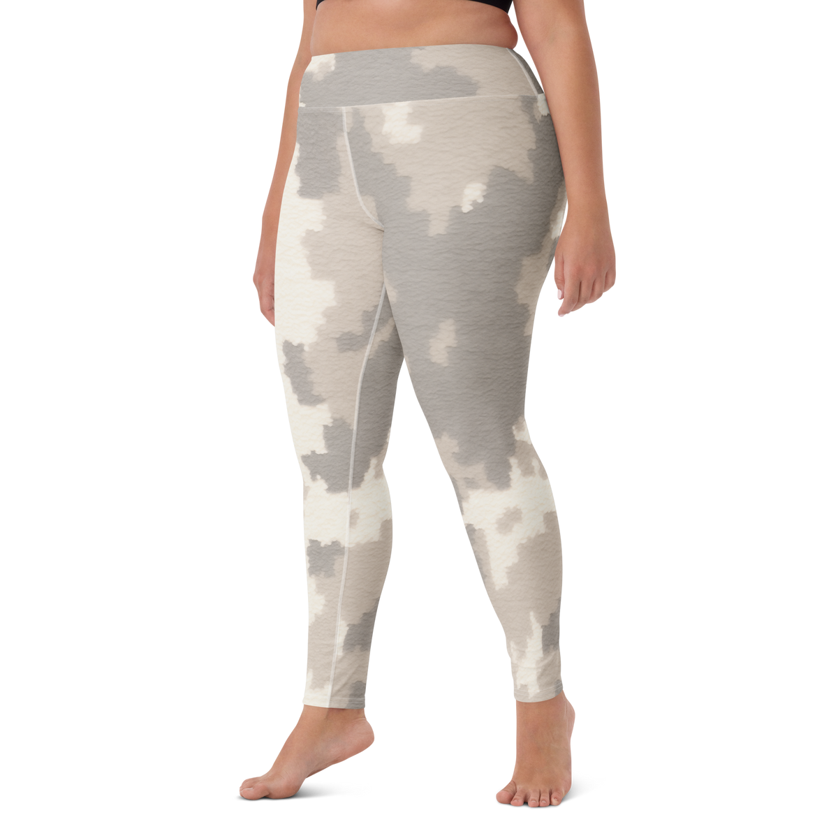 Caspra Beige camouflage high-waisted yoga leggings, larger-model left-front view.