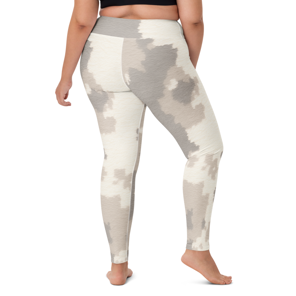 Caspra Beige camouflage high-waisted yoga leggings, larger-model right-back view.