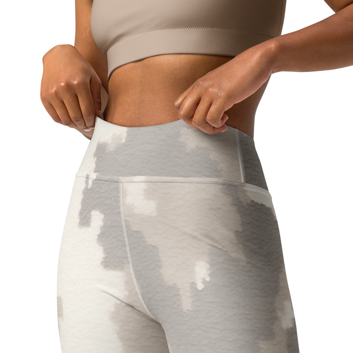 Caspra Beige camouflage high-waisted yoga leggings, waistband and construction detail.