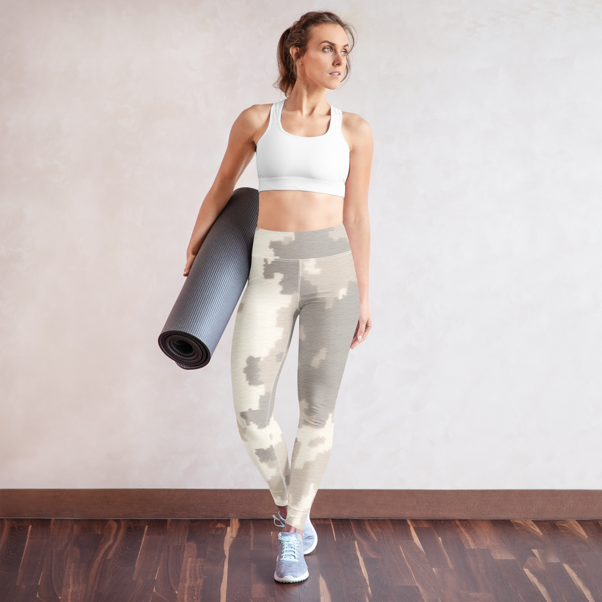 Caspra Beige camouflage high-waisted yoga leggings, yoga lifestyle view.