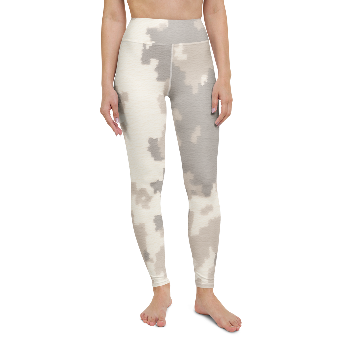 Caspra · Beige high-waisted yoga leggings, straight front view, barefoot.