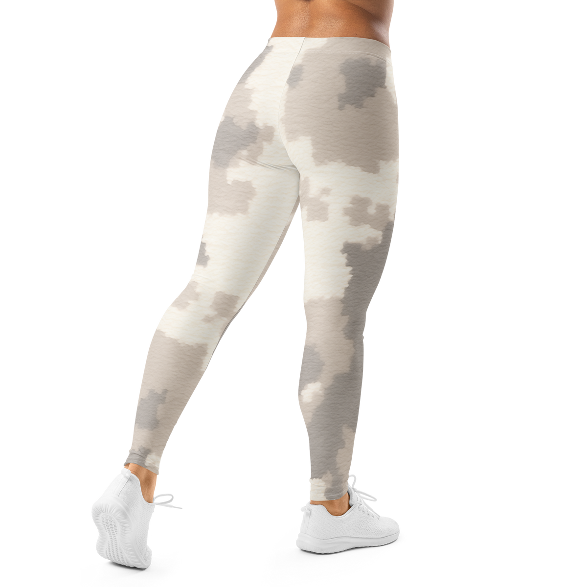 Caspra Greyscale camouflage mid-rise comfort leggings, back view.