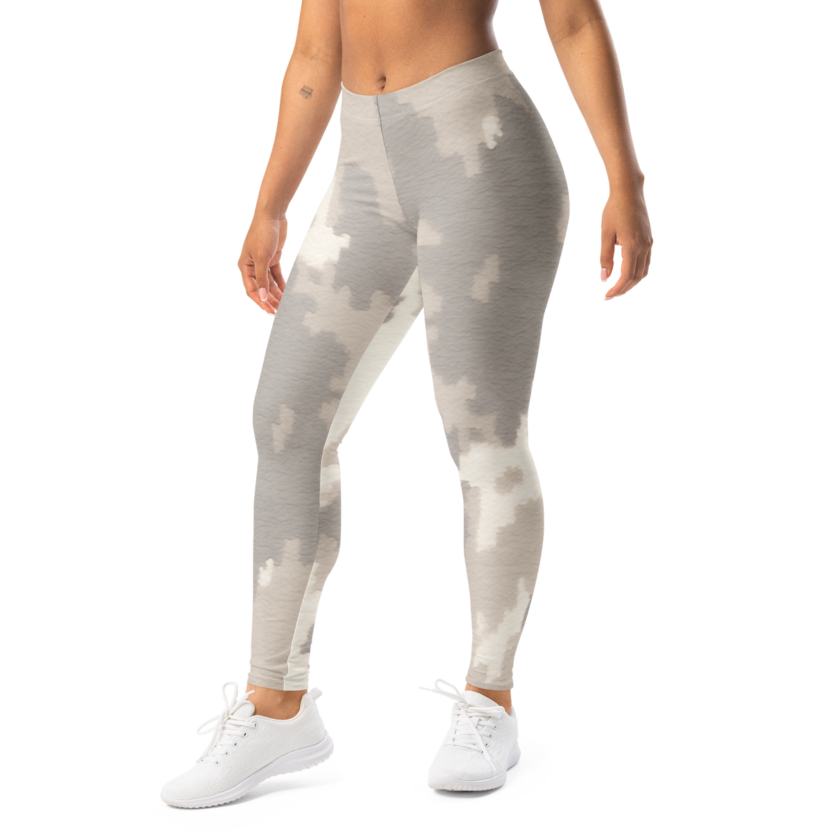 Caspra Greyscale camouflage mid-rise comfort leggings, left-front view.