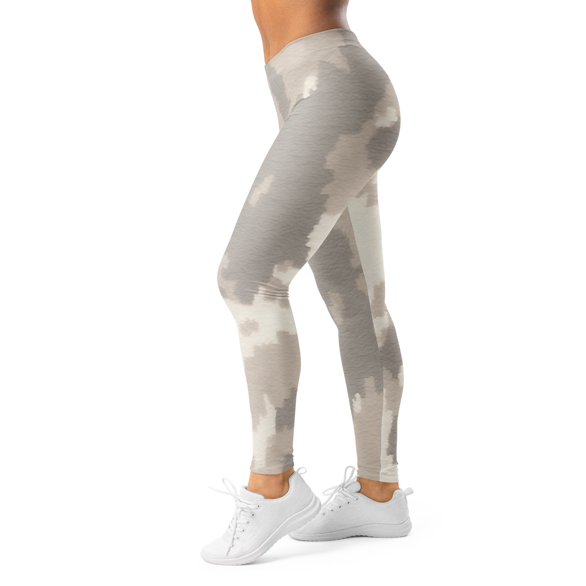 Caspra Greyscale camouflage mid-rise comfort leggings, left-side view.