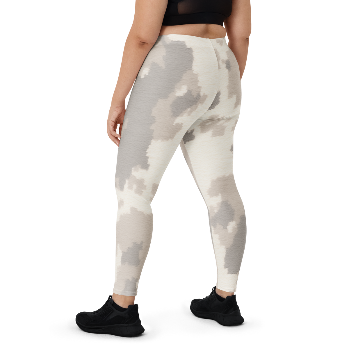 Caspra Greyscale camouflage mid-rise comfort leggings, oversize-fit back view.