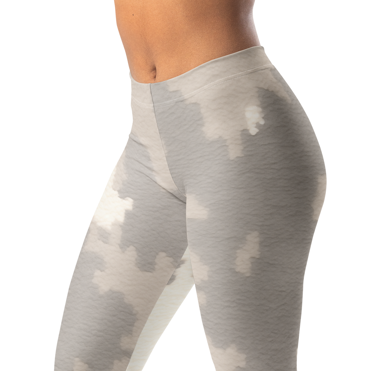 Caspra Greyscale camouflage mid-rise comfort leggings, waistband and pattern detail.