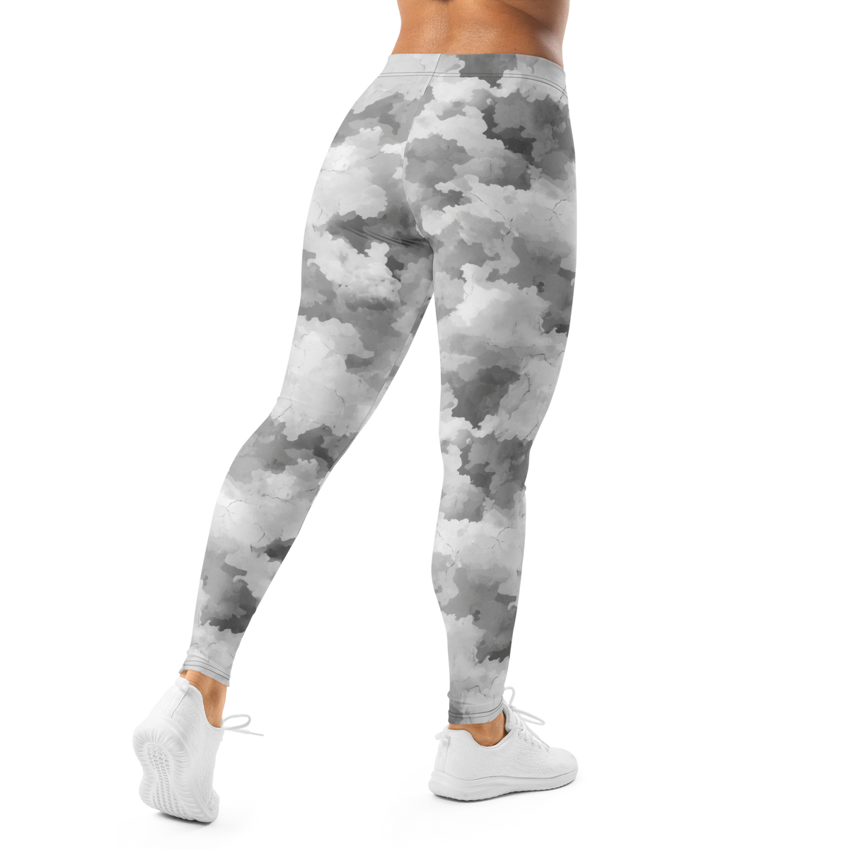 Conculous Haze Greyscale camouflage mid-rise comfort leggings, back view.