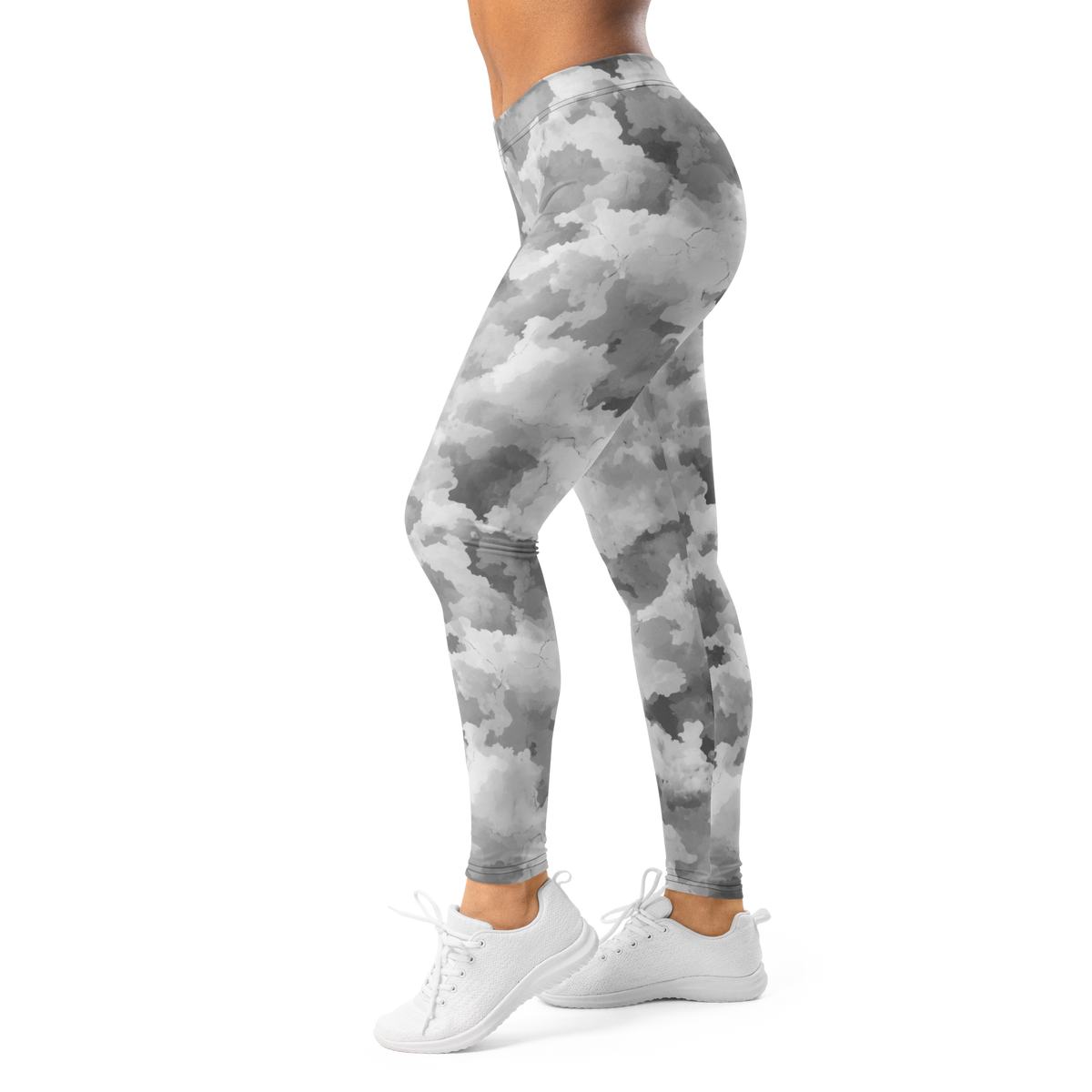 Conculous Haze Greyscale camouflage mid-rise comfort leggings, left-side view.