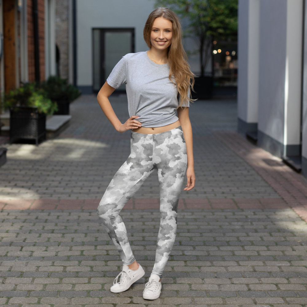 Conculous Haze Greyscale camouflage mid-rise comfort leggings, lifestyle front view.