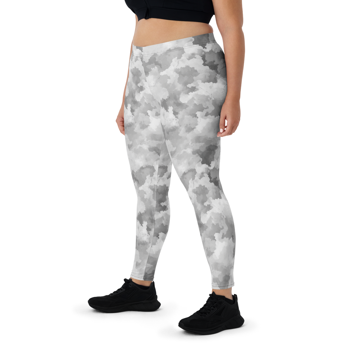 Conculous Haze Greyscale camouflage mid-rise comfort leggings, oversize-fit front view.