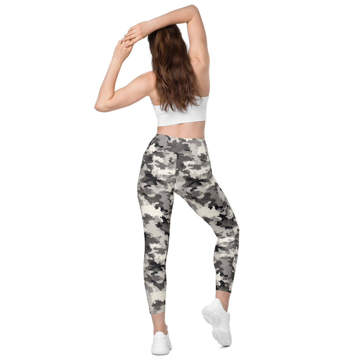 Conculous Static Greyscale camouflage high-waisted pocket leggings, back view.