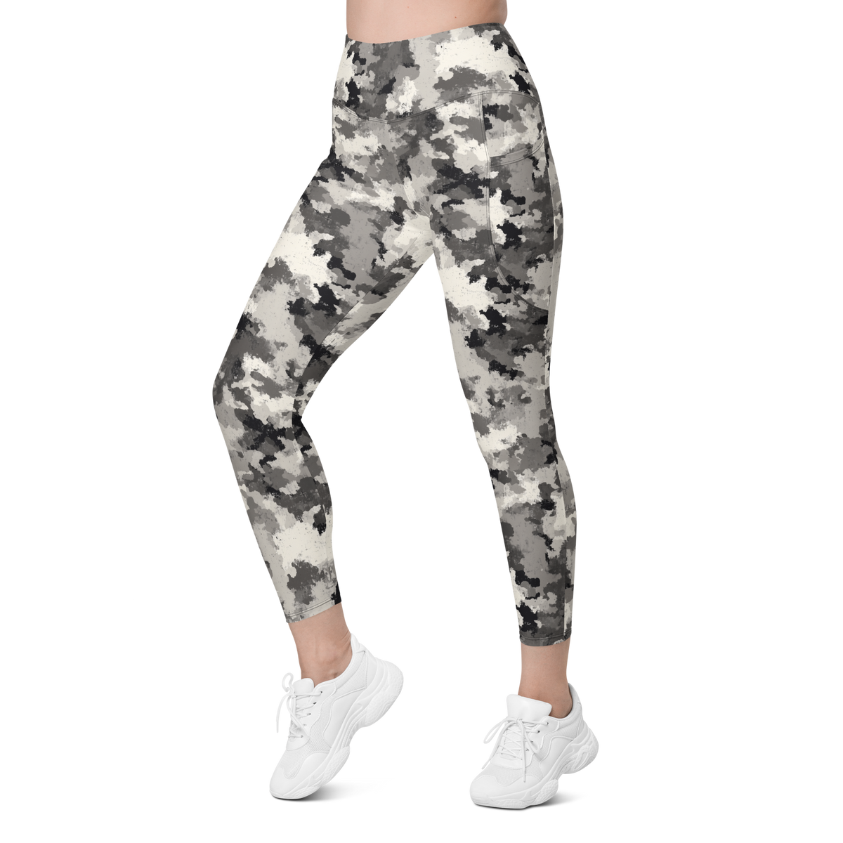 Conculous Static Greyscale camouflage high-waisted pocket leggings, left-front view.