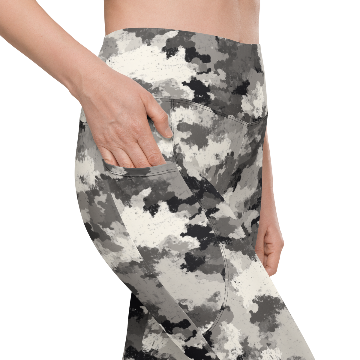 Conculous Static Greyscale camouflage high-waisted pocket leggings, pocket detail.
