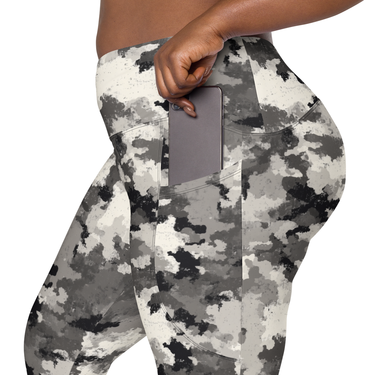 Conculous Static Greyscale camouflage high-waisted pocket leggings, rear pocket detail.