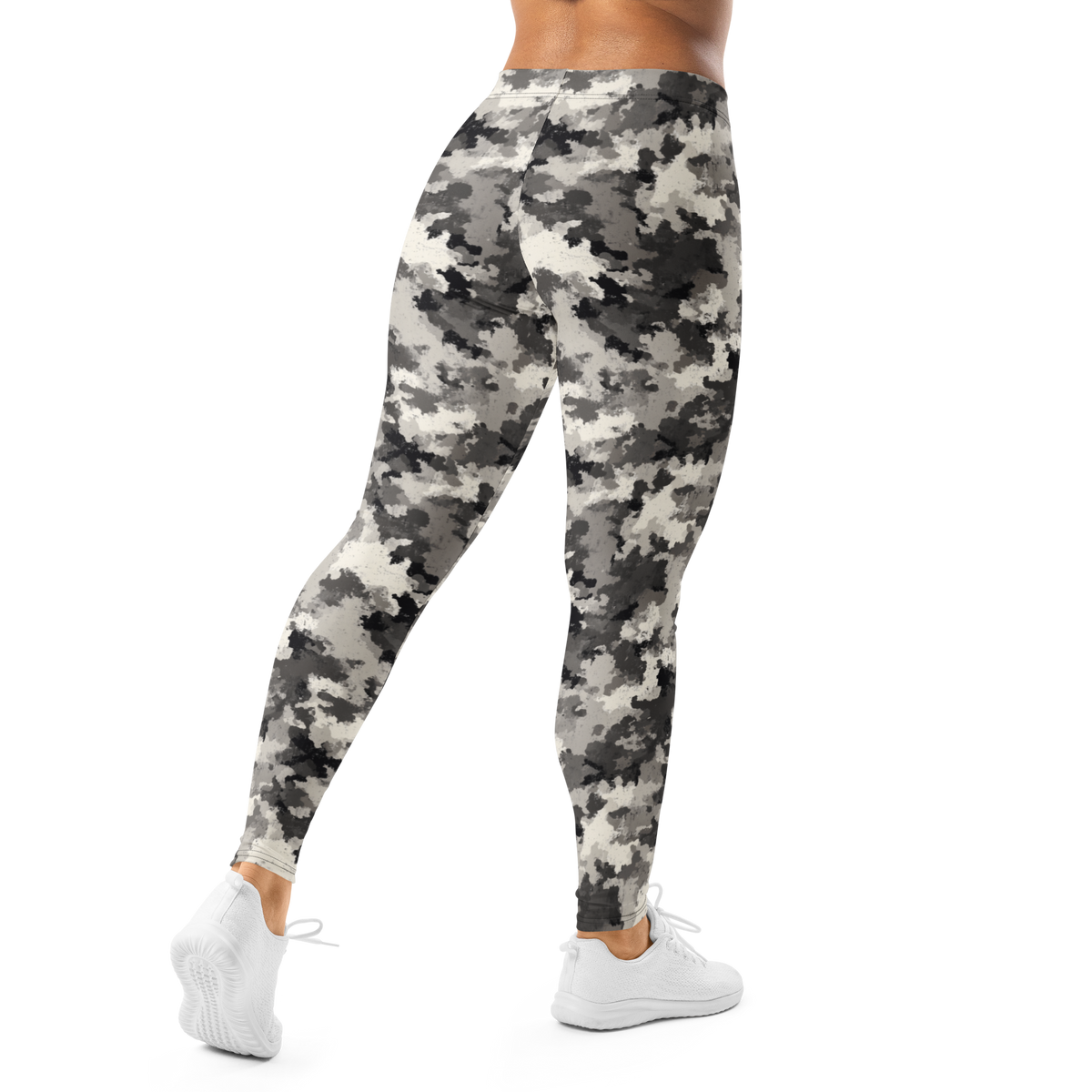 Conculous Static Greyscale camouflage mid-rise comfort leggings, back view.
