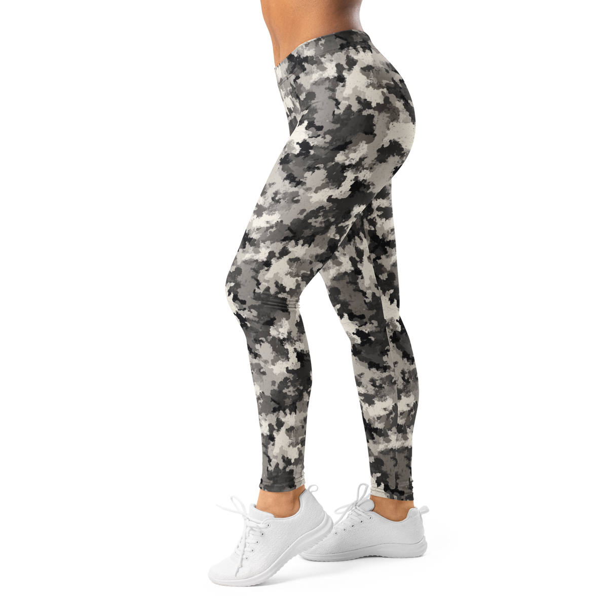 Conculous Static Greyscale camouflage mid-rise comfort leggings, left-side view.