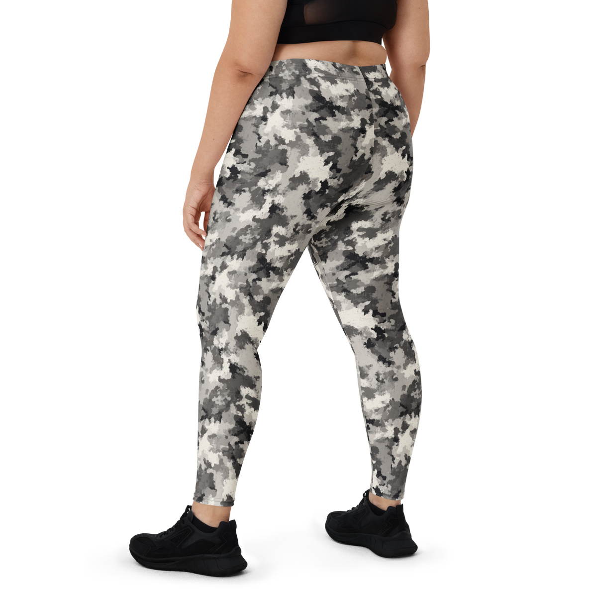 Conculous Static Greyscale camouflage mid-rise comfort leggings, oversize-fit back view.