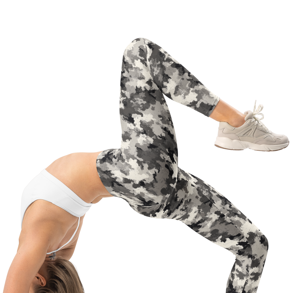 Conculous Static Greyscale camouflage mid-rise comfort leggings, right-side view.
