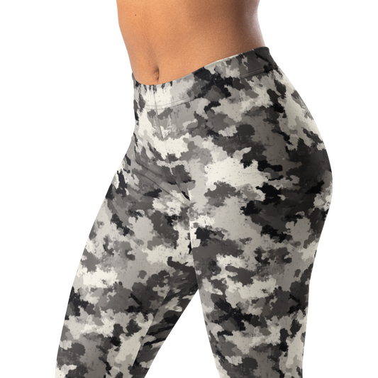 Conculous Static Greyscale camouflage mid-rise comfort leggings, waistband and pattern detail.