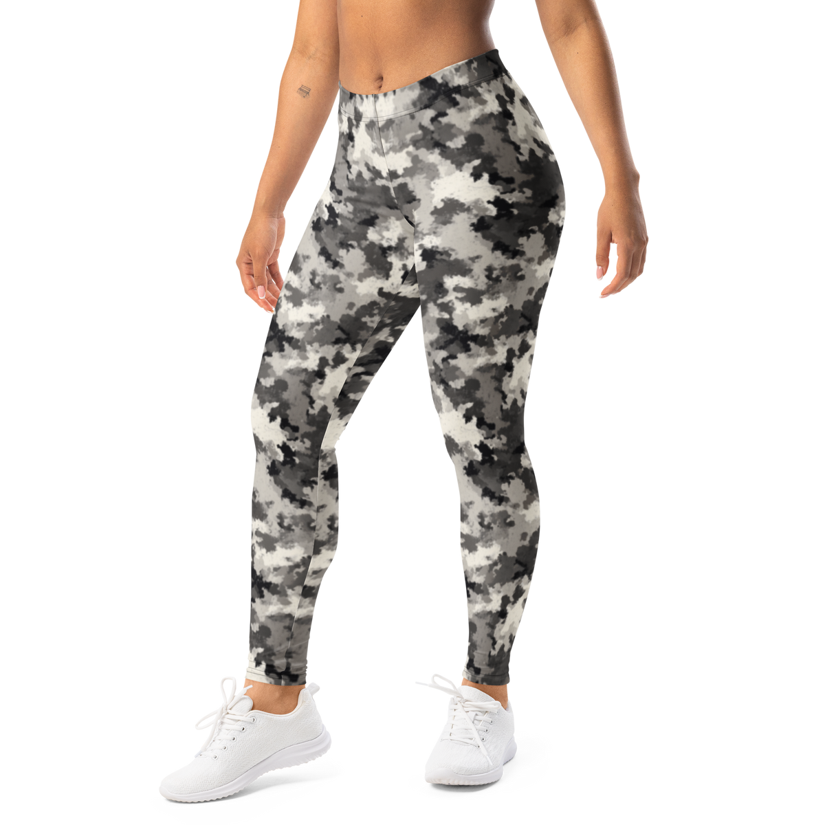 Conculous — Static · Greyscale mid-rise everyday leggings, left-front view.