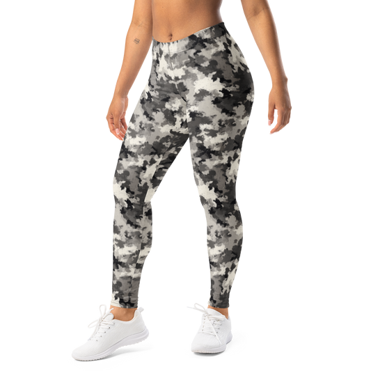 Conculous — Static · Greyscale mid-rise everyday leggings, left-front view.