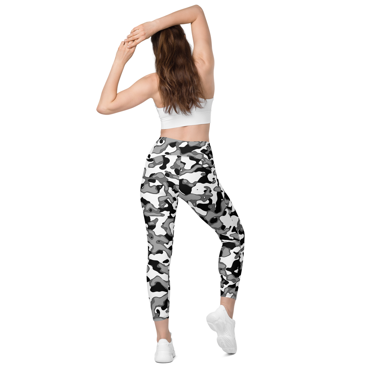 Copse Greyscale high-waisted pocket leggings, back view.