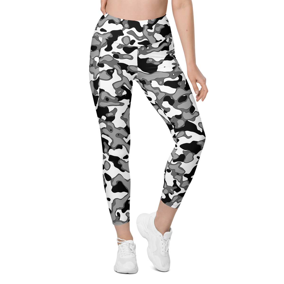 Copse Greyscale high-waisted pocket leggings, front view.
