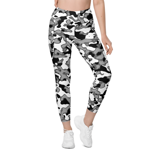Copse Greyscale high-waisted pocket leggings, front view.