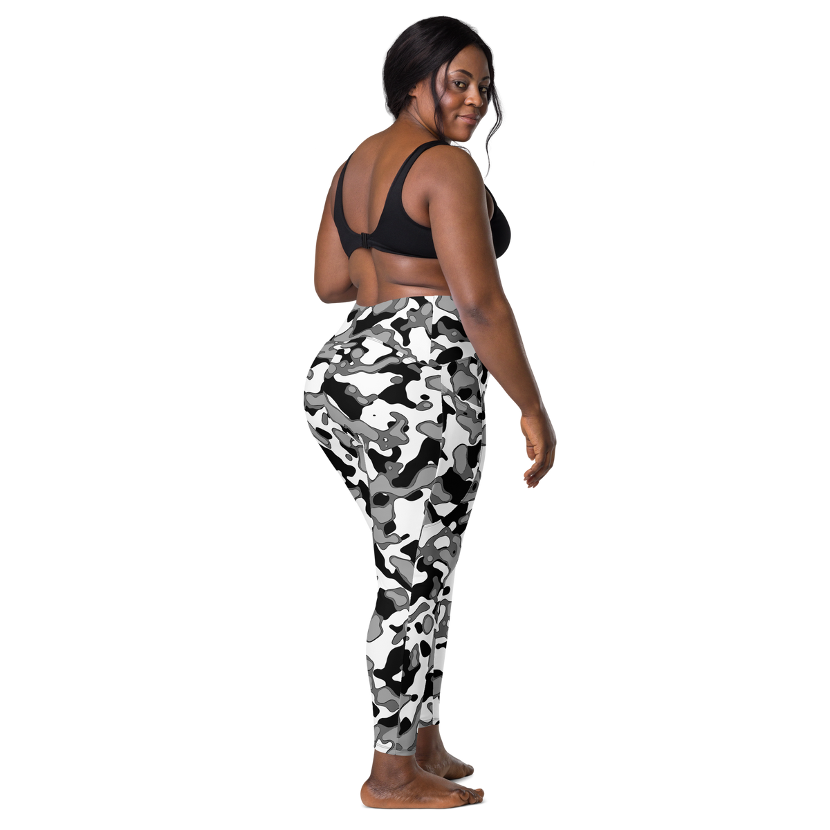 Copse Greyscale high-waisted pocket leggings, larger-model back view.