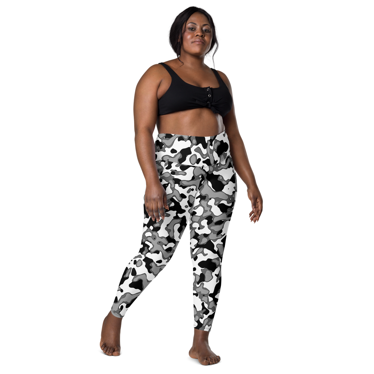 Copse Greyscale high-waisted pocket leggings, larger-model front view.