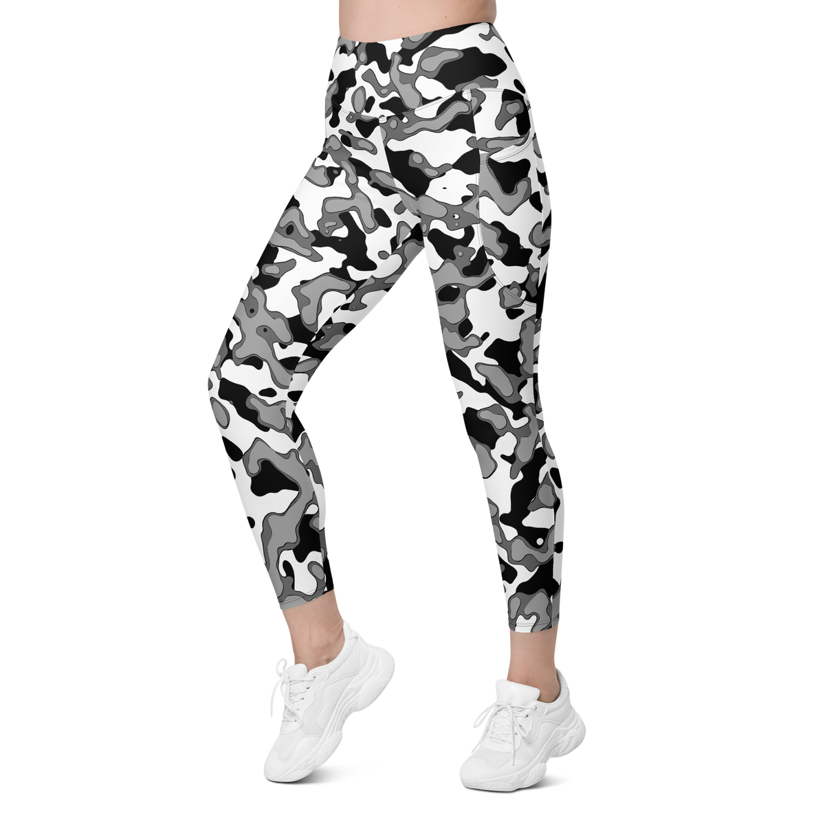 Copse Greyscale high-waisted pocket leggings, left-front view.