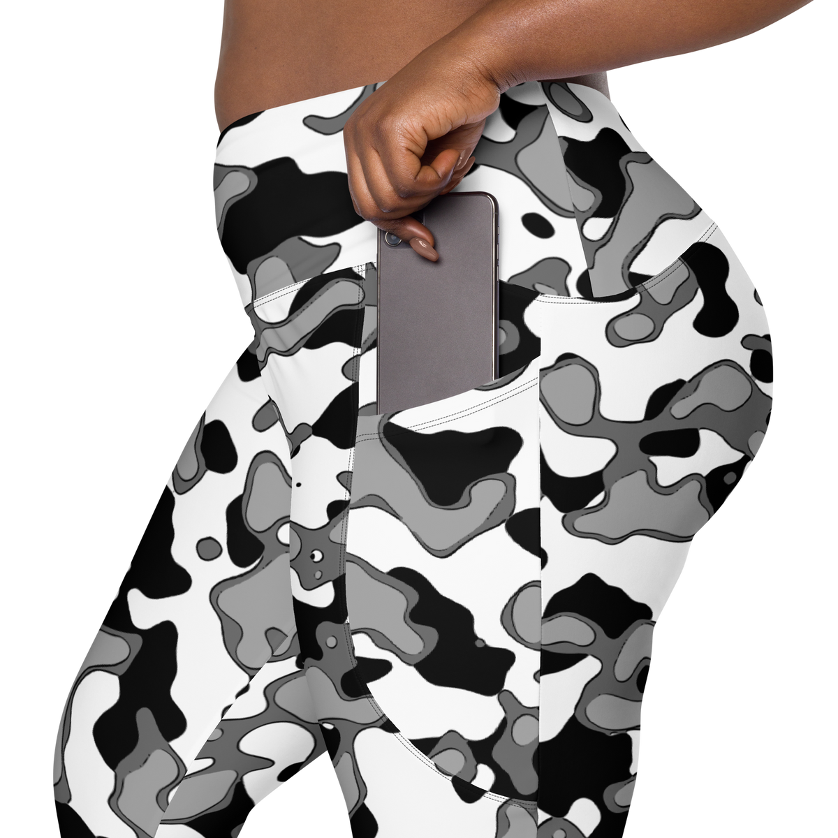 Copse Greyscale high-waisted pocket leggings, rear pocket detail.