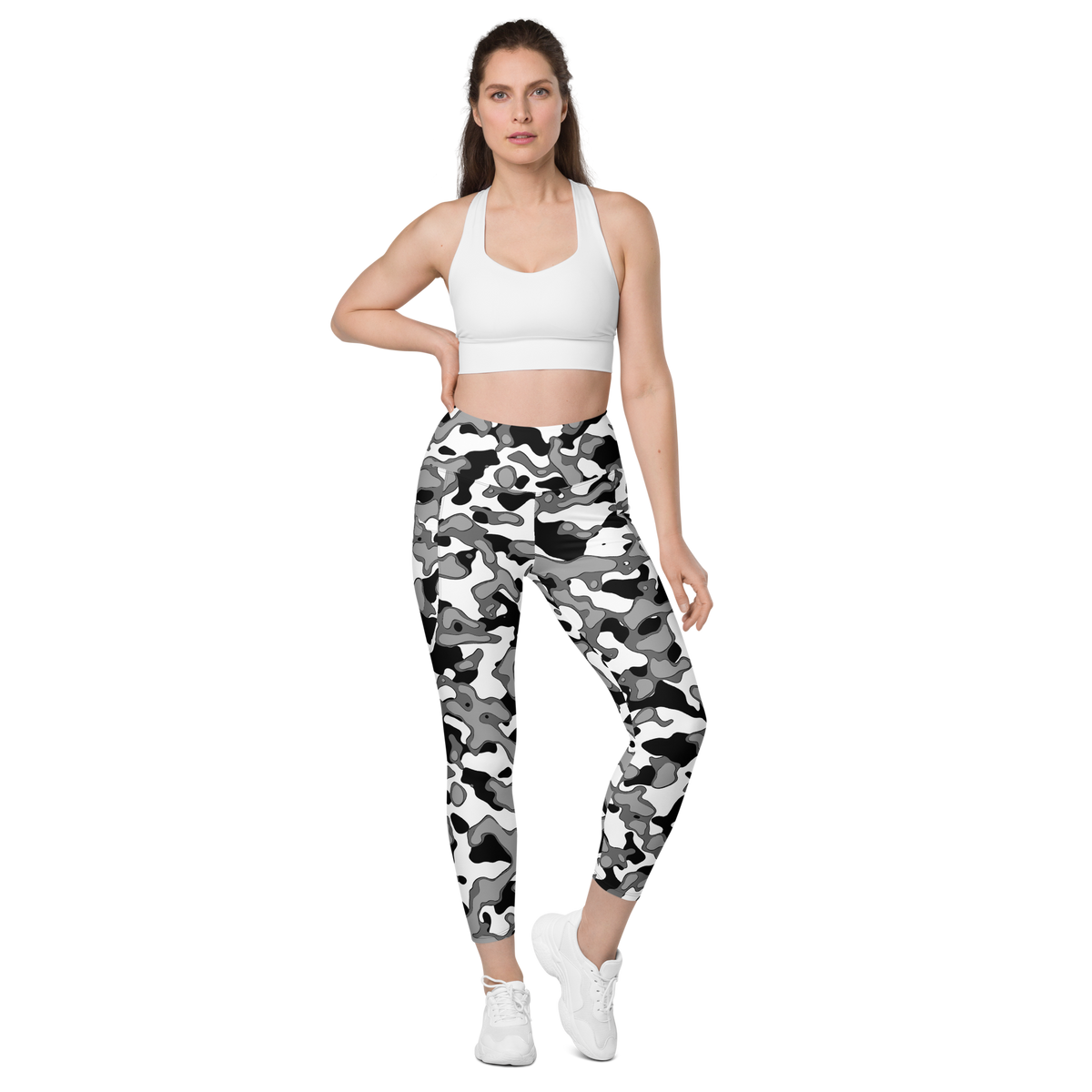 Copse Greyscale high-waisted pocket leggings, straight-front view.