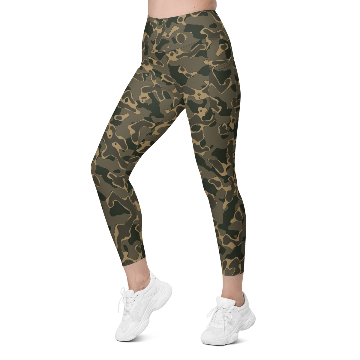 Copse Woodland high-waisted pocket leggings, left-front view.